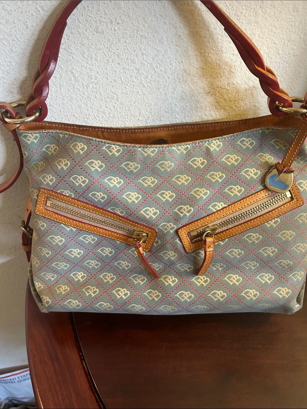 Women’s Shoulder Bag in Blue and Tan with Patterned Monogram